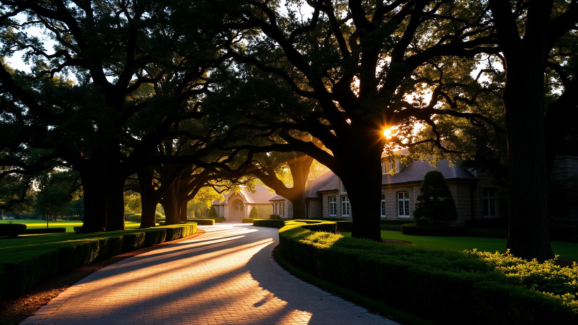Tree canopy over a luxury estate driveway at golden hour